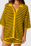 Red Casual Stripe Buckle Patchwork Turndown Collar Half Sleeve Two Pieces