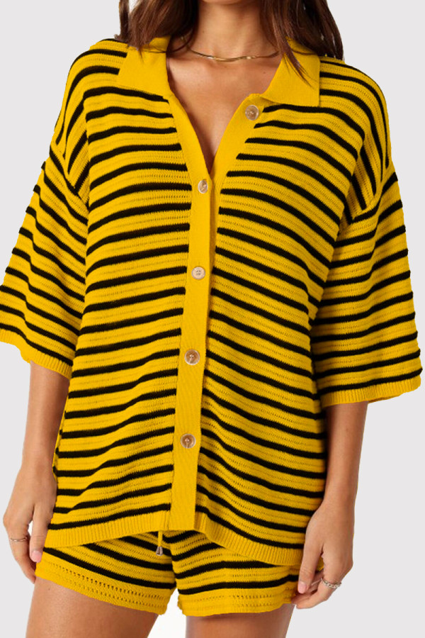 Orange Casual Stripe Buckle Patchwork Turndown Collar Half Sleeve Two Pieces
