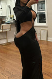 Black Sexy Solid Color Hollow Out Patchwork O Neck Long Dresses