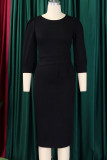 Black Casual Solid Color Patchwork Slit Zipper O Neck Wrapped Skirt Dresses