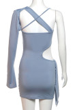 Blue Sexy Solid Color Hollow Out Patchwork Asymmetrical Collar Wrapped Skirt Dresses