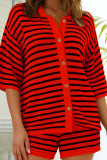 Red Casual Stripe Buckle Patchwork Turndown Collar Half Sleeve Two Pieces