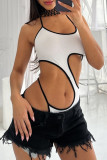 White Sexy Hollow Out Patchwork Spaghetti Strap Skinny Bodysuits