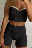 Grey Casual Lace Patchwork Backless Spaghetti Strap Two Pieces