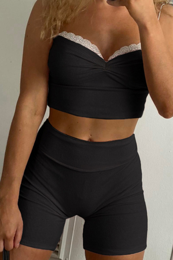 Black Casual Lace Patchwork Backless Spaghetti Strap Two Pieces