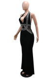 Red Sexy Party Formal Solid Color Patchwork Backless Hot Drill Halter Long Dresses