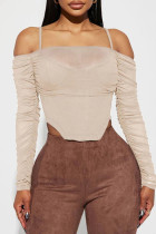 Skin Color Casual Solid Color Patchwork Backless Spaghetti Strap Tops