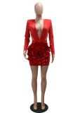 Red Sexy Elegant Solid Color Flowers Hollow Out Deep V Neck Wrapped Skirt Dresses