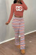 Brick Red Casual Street Letter Print Stripe Contrast O Neck Long Sleeve Two Pieces