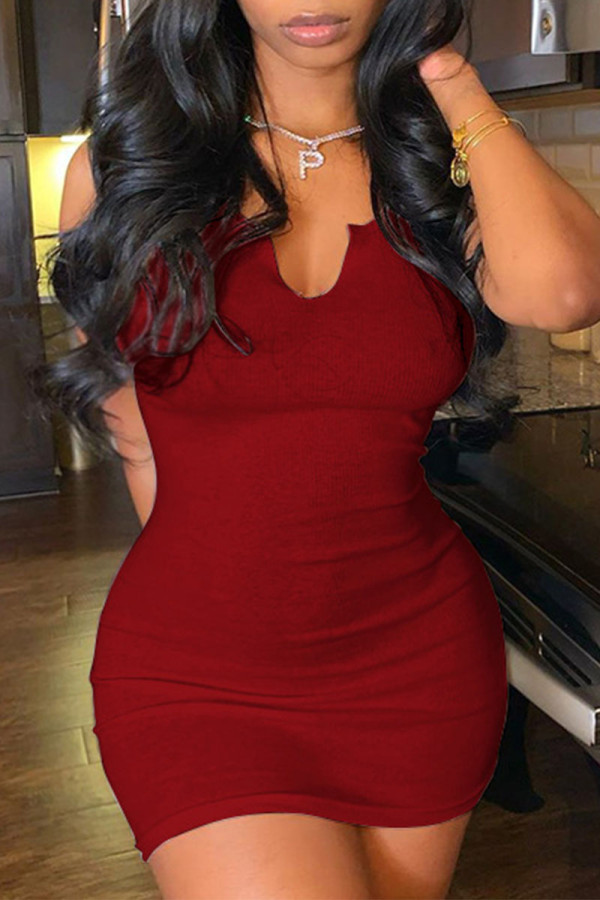 Dark Red Sexy Solid Patchwork V Neck A Line Dresses