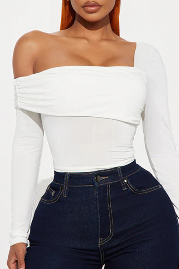 White Casual Solid Color Patchwork Backless Asymmetrical Collar Tops