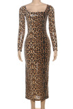 Leopard Print Casual Leopard Print Patchwork Slit Square Neck Long Dresses