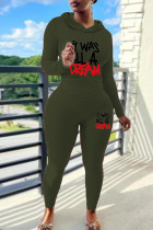 Army Green Casual Letters Draw String Patchwork Hooded Long Sleeve Two Pieces