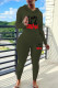 Army Green Casual Letters Draw String Patchwork Hooded Long Sleeve Two Pieces
