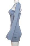 Blue Sexy Solid Color Hollow Out Patchwork Asymmetrical Collar Wrapped Skirt Dresses