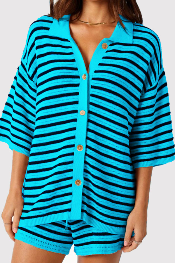 Lake Blue Casual Stripe Buckle Patchwork Turndown Collar Half Sleeve Two Pieces