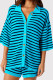 Lake Blue Casual Stripe Buckle Patchwork Turndown Collar Half Sleeve Two Pieces