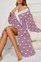 Purple Sexy Graffiti Print Butterfly Gradient Lace Up Contrast Sleepwear