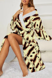 Light Coffee Sexy Geometric Print Snakeskin Print Gradient Lace Up Contrast Sleepwear