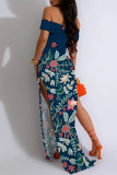 Black And White Sexy Geometric Print Flowers Slit Contrast Off Shoulder Long Dresses