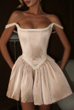 Champagne Elegant Solid Color Patchwork Backless Square Neck Princess Dresses