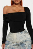 Black Casual Solid Color Patchwork Backless Asymmetrical Collar Tops