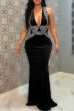 Red Sexy Party Formal Solid Color Patchwork Backless Hot Drill Halter Long Dresses