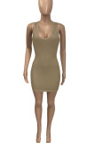 Brownness Sexy Solid Patchwork V Neck A Line Dresses