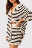 Red Casual Stripe Buckle Patchwork Turndown Collar Half Sleeve Two Pieces