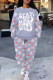 Blue Purple Casual Street Geometric Print Butterfly Letters Draw String Pocket Contrast O Neck Long Sleeve Two Pieces