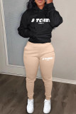 Black Green Casual Letters Draw String Pocket Patchwork Hooded Long Sleeve Two Pieces