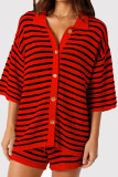 Red Casual Stripe Buckle Patchwork Turndown Collar Half Sleeve Two Pieces