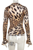 Leopard Print Casual Leopard Print Patchwork Zipper Turndown Collar Tops