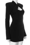 Black Casual Solid Color Hollow Out Patchwork O Neck Wrapped Skirt Dresses