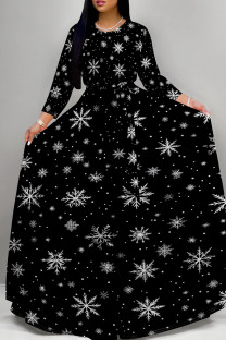 Black Casual Print Patchwork Strap Design O Neck Long Dresses