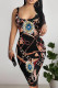 Orange Black Sexy Geometric Print Animal Print Contrast U Neck Printed Dresses