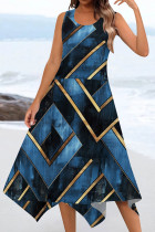 Golden Blue Casual Print Patchwork U Neck Irregular Dresses