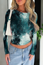 Dark Cyan Casual Print Patchwork O Neck Tops