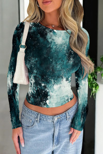 Dark Cyan Casual Print Patchwork O Neck Tops