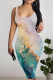 Green Purple Casual Print Patchwork U Neck Wrapped Skirt Dresses