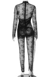 Black Sexy Solid Color Patchwork See-Through Mesh O Neck Skinny Jumpsuits
