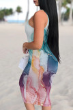 Colour Casual Print Patchwork U Neck Wrapped Skirt Dresses
