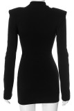 Black Casual Solid Color Hollow Out Patchwork O Neck Wrapped Skirt Dresses