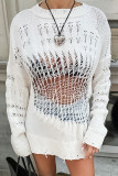 White Casual Solid Color Hollow Out Patchwork O Neck Tops