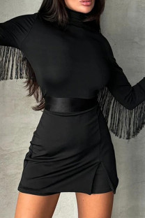 Black Casual Solid Color Fringed Trim Patchwork Slit Zipper Turtleneck Regular Rompers