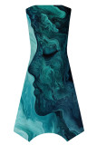 Cyan Casual Print Patchwork U Neck Irregular Dresses