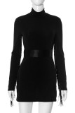 Black Casual Solid Color Fringed Trim Patchwork Slit Zipper Turtleneck Regular Rompers