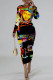 Orange Black Casual Street Figure Print Plaid Gradient Contrast O Neck Printed Dresses