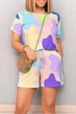 Colour Casual Print Draw String Pocket Patchwork O Neck Loose Rompers