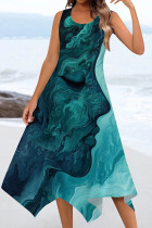 Malachite Green Casual Print Patchwork U Neck Irregular Dresses